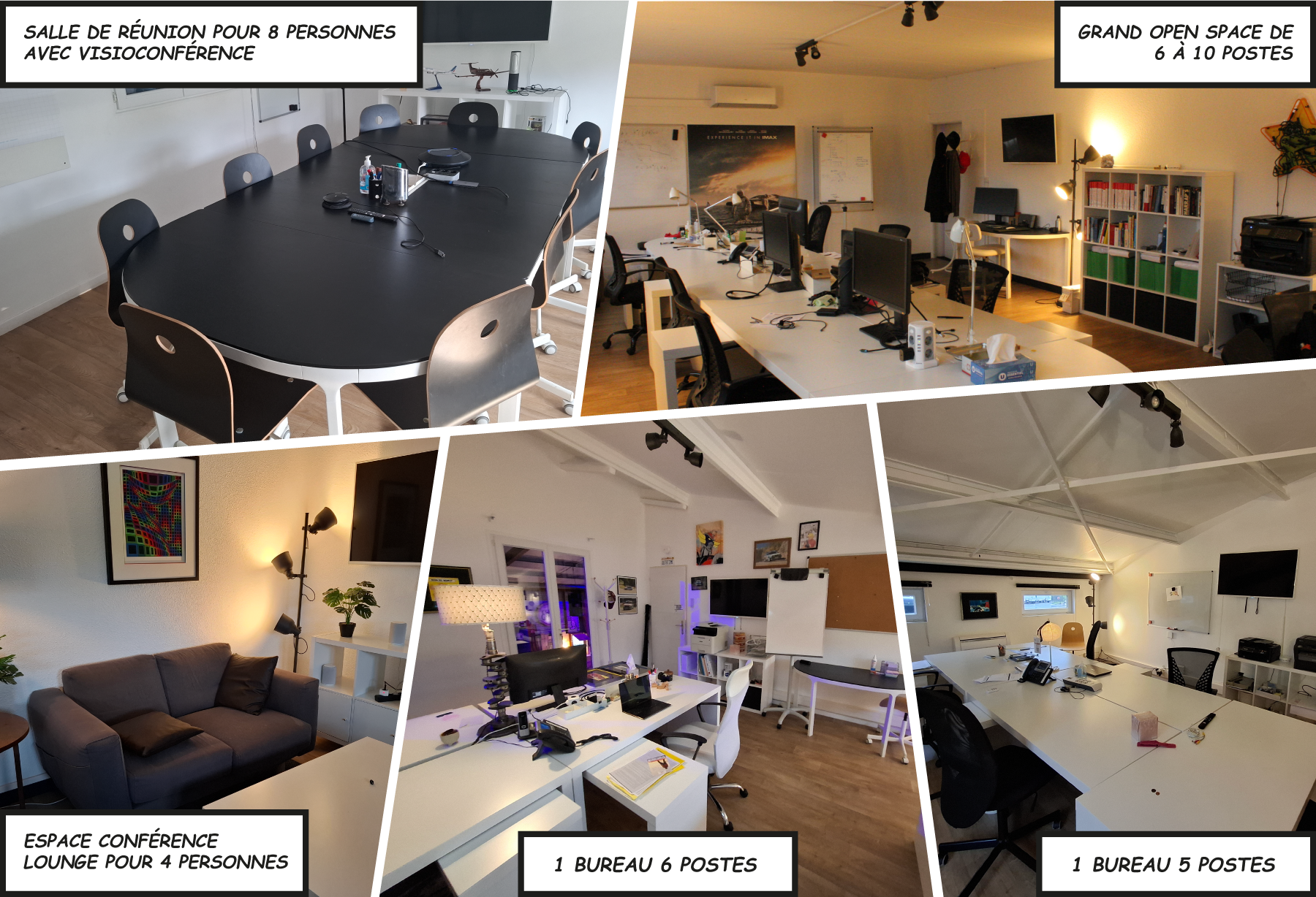 Salle de réunion, open space, lounge et bureaux dédiés
